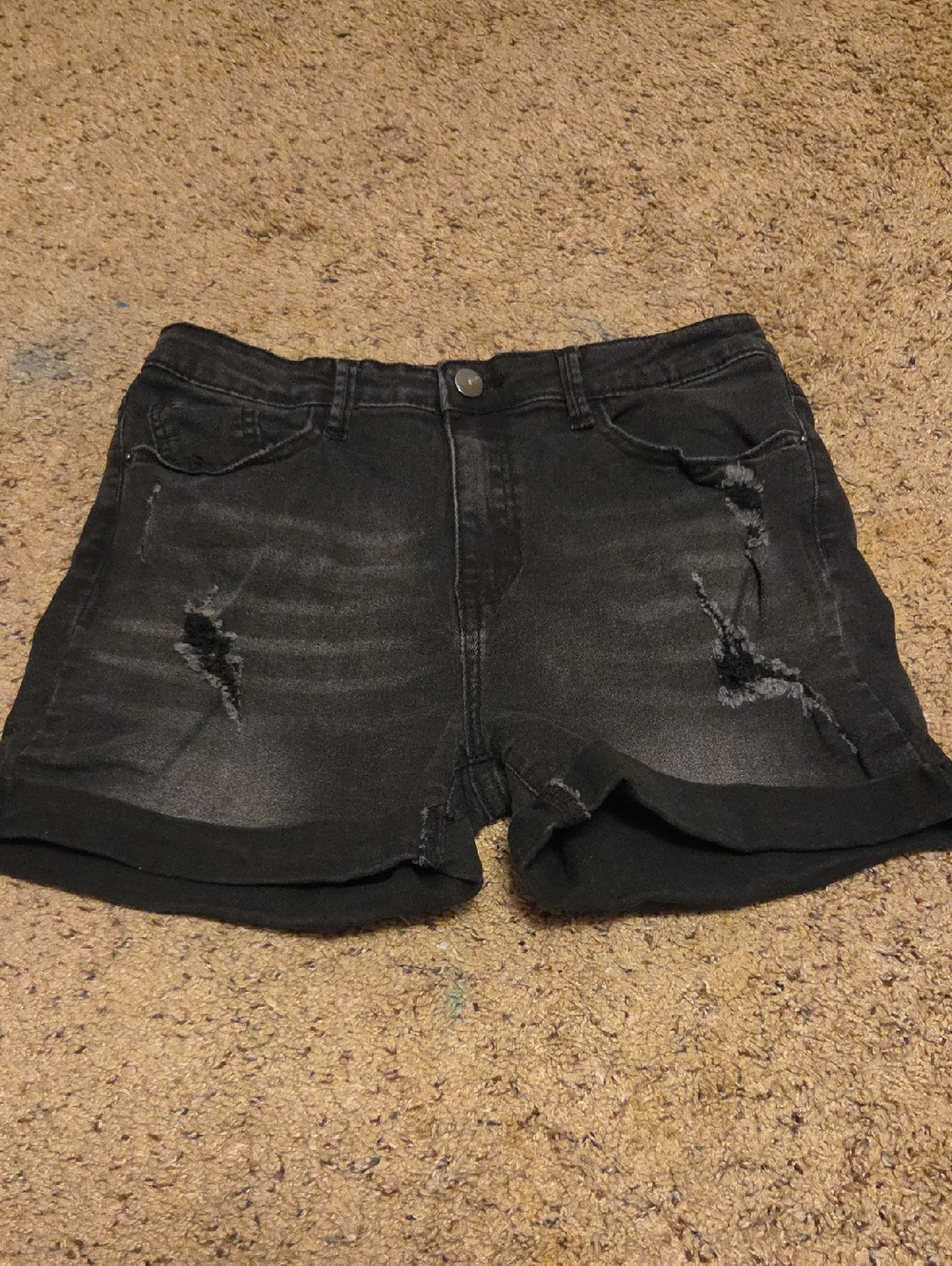 SHEIN Black Distressed Rolled-Hem Jean Shorts